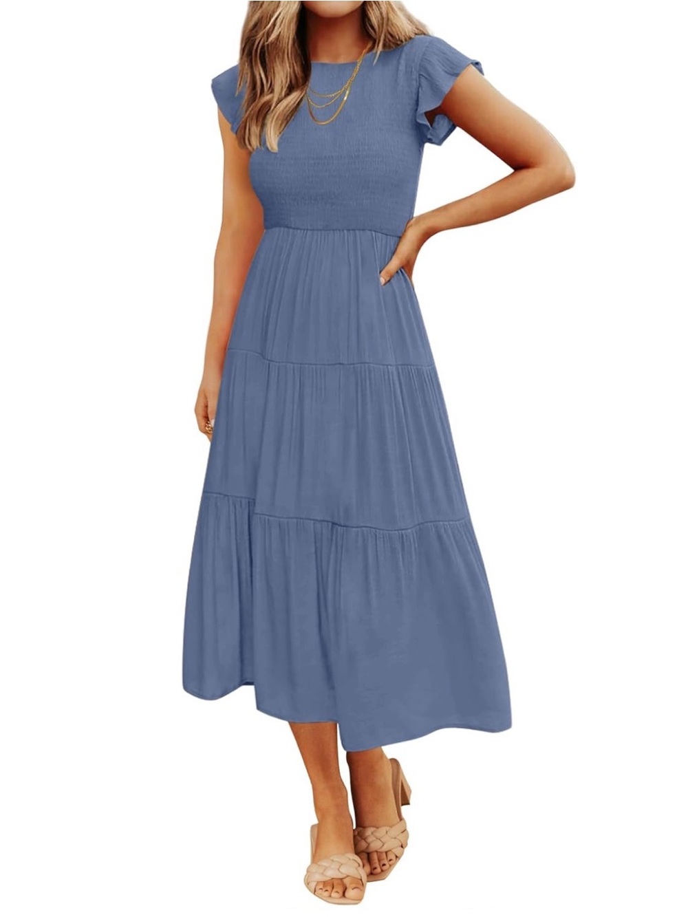 Women's Dusty Blue Smocked Bodice Tiered Midi Dress